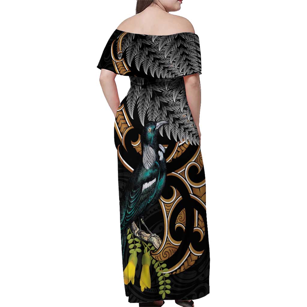 Aotearoa Kowhai Tui Bird Family Matching Off Shoulder Maxi Dress and Hawaiian Shirt Maori Ngaru With Silver Fern