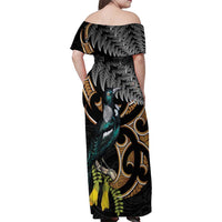 Aotearoa Kowhai Tui Bird Family Matching Off Shoulder Maxi Dress and Hawaiian Shirt Maori Ngaru With Silver Fern