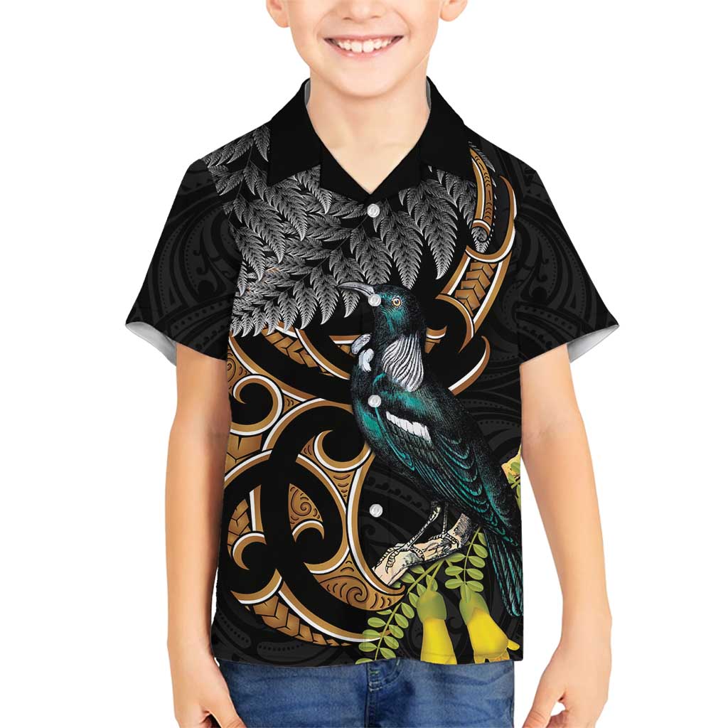 Aotearoa Kowhai Tui Bird Family Matching Off Shoulder Maxi Dress and Hawaiian Shirt Maori Ngaru With Silver Fern