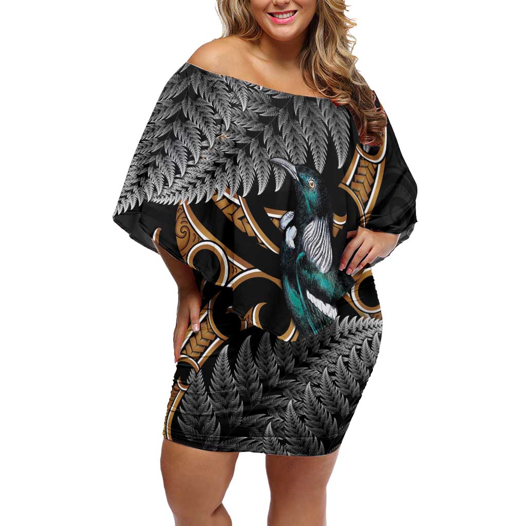 Aotearoa Kowhai Tui Bird Family Matching Off Shoulder Short Dress and Hawaiian Shirt Maori Ngaru With Silver Fern