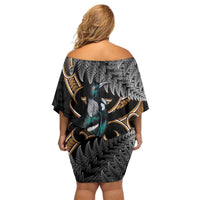 Aotearoa Kowhai Tui Bird Family Matching Off Shoulder Short Dress and Hawaiian Shirt Maori Ngaru With Silver Fern