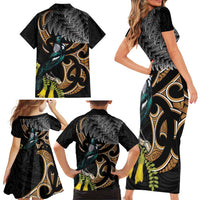 Aotearoa Kowhai Tui Bird Family Matching Short Sleeve Bodycon Dress and Hawaiian Shirt Maori Ngaru With Silver Fern