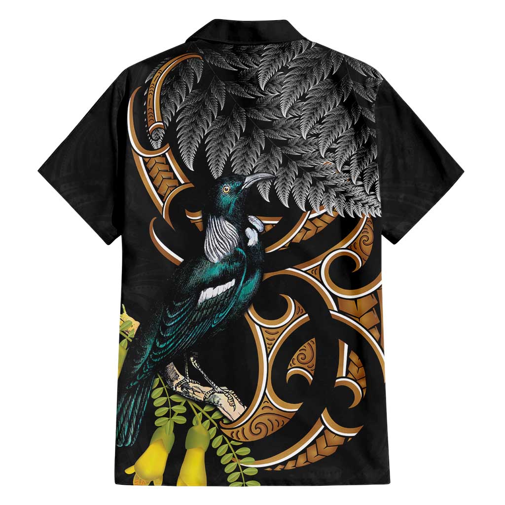 Aotearoa Kowhai Tui Bird Family Matching Short Sleeve Bodycon Dress and Hawaiian Shirt Maori Ngaru With Silver Fern