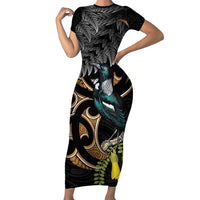 Aotearoa Kowhai Tui Bird Family Matching Short Sleeve Bodycon Dress and Hawaiian Shirt Maori Ngaru With Silver Fern