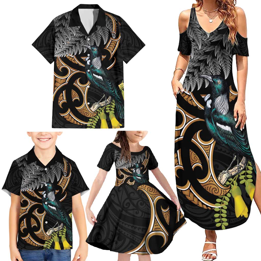 Aotearoa Kowhai Tui Bird Family Matching Summer Maxi Dress and Hawaiian Shirt Maori Ngaru With Silver Fern