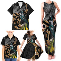 Aotearoa Kowhai Tui Bird Family Matching Tank Maxi Dress and Hawaiian Shirt Maori Ngaru With Silver Fern