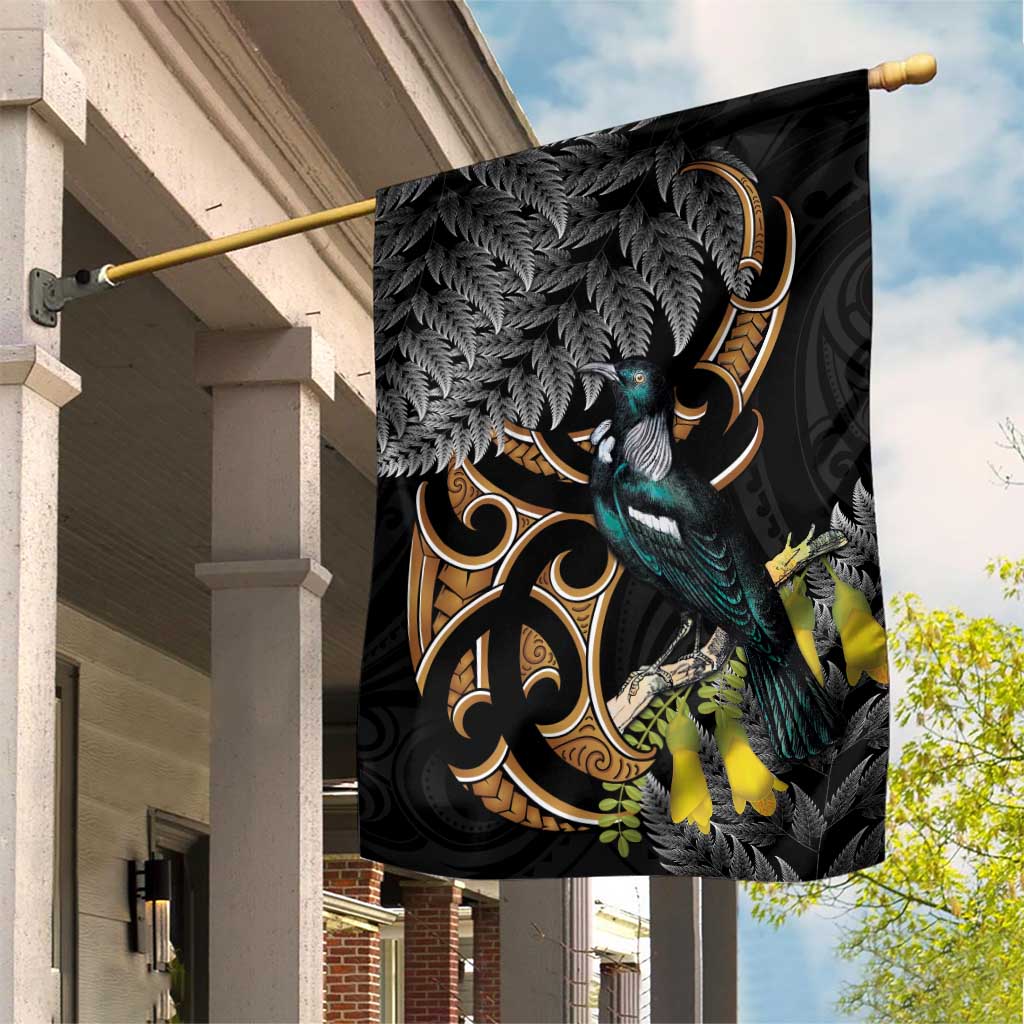 Aotearoa Kowhai Tui Bird Garden Flag Maori Ngaru With Silver Fern LT14 House Flag Black - Polynesian Pride