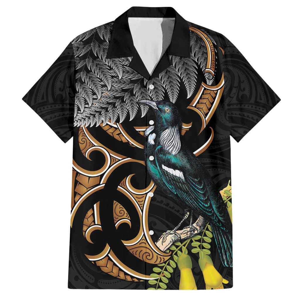 Aotearoa Kowhai Tui Bird Hawaiian Shirt Maori Ngaru With Silver Fern LT14 Black - Polynesian Pride