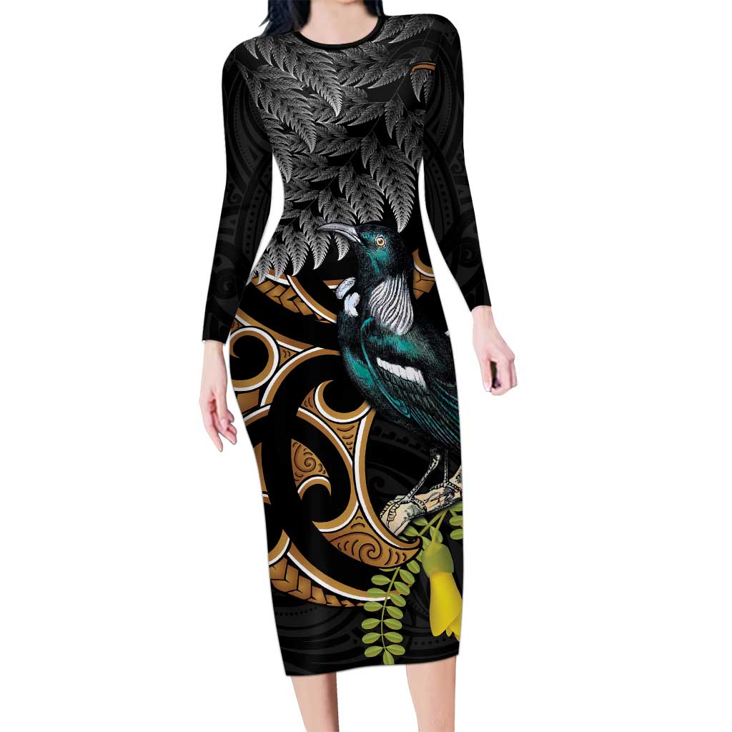 Aotearoa Kowhai Tui Bird Long Sleeve Bodycon Dress Maori Ngaru With Silver Fern