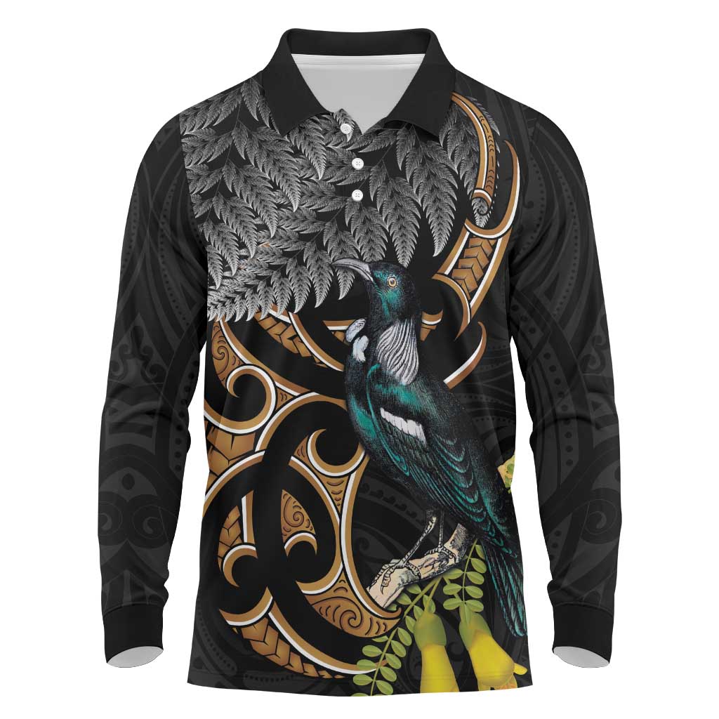Aotearoa Kowhai Tui Bird Long Sleeve Polo Shirt Maori Ngaru With Silver Fern