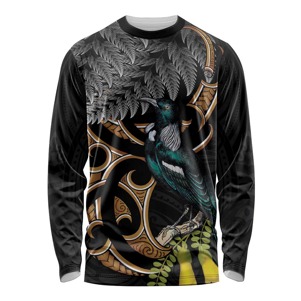 Aotearoa Kowhai Tui Bird Long Sleeve Shirt Maori Ngaru With Silver Fern LT14 Unisex Black - Polynesian Pride