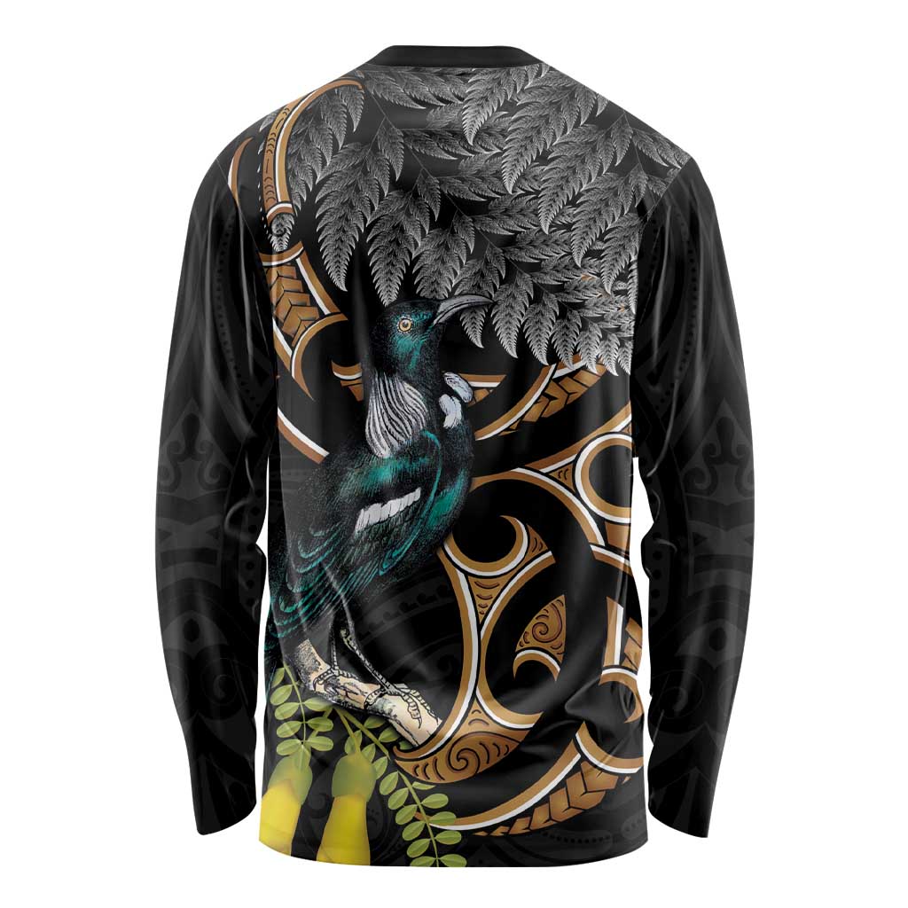Aotearoa Kowhai Tui Bird Long Sleeve Shirt Maori Ngaru With Silver Fern LT14 - Polynesian Pride