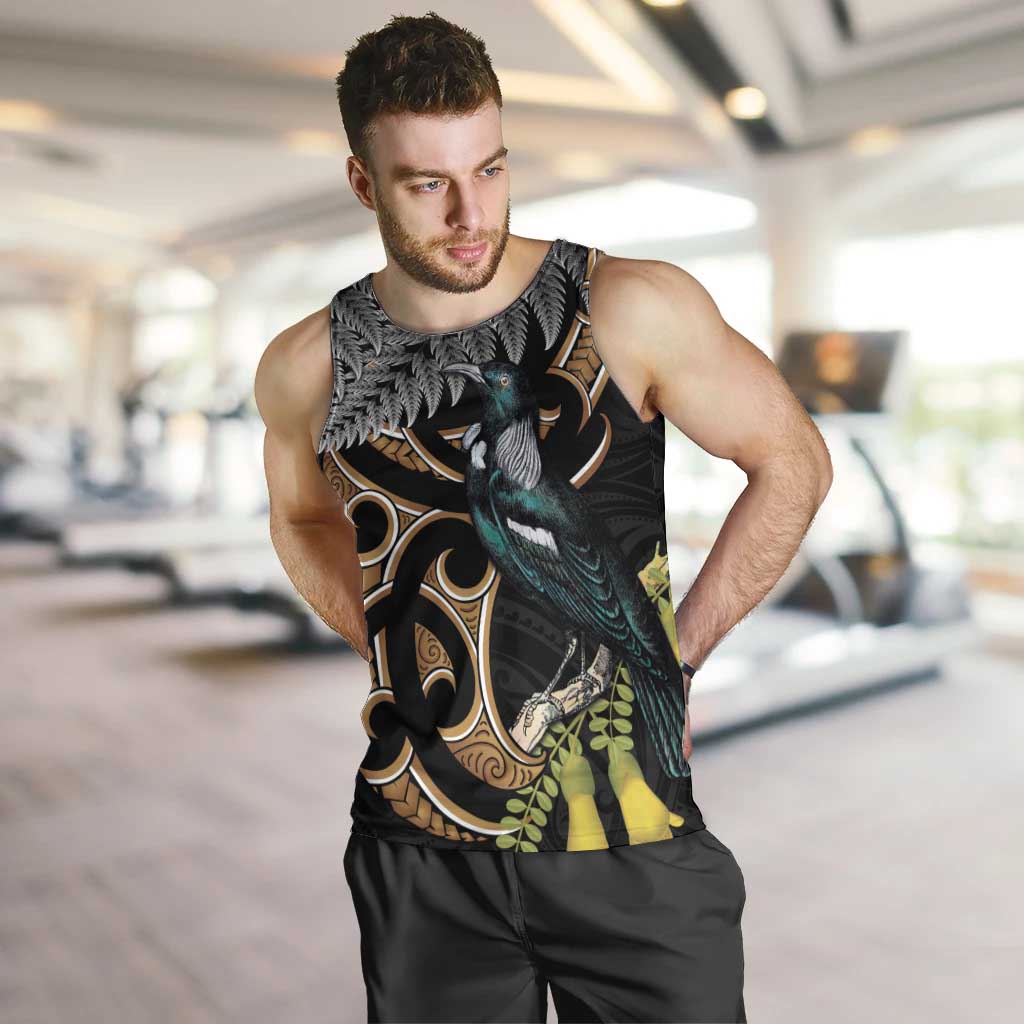 Aotearoa Kowhai Tui Bird Men Tank Top Maori Ngaru With Silver Fern LT14 Black - Polynesian Pride