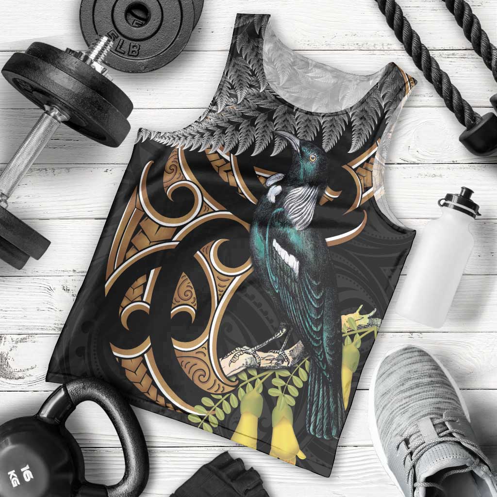 Aotearoa Kowhai Tui Bird Men Tank Top Maori Ngaru With Silver Fern LT14 - Polynesian Pride