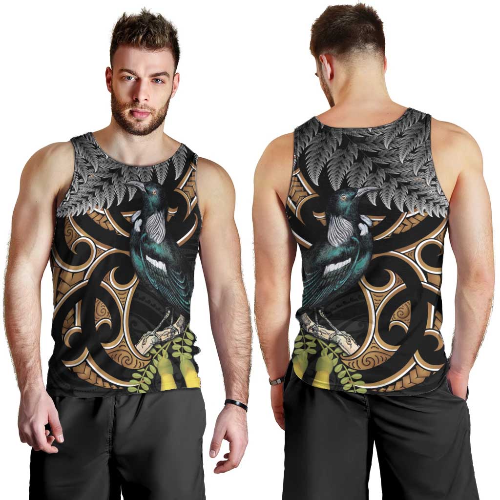 Aotearoa Kowhai Tui Bird Men Tank Top Maori Ngaru With Silver Fern LT14 - Polynesian Pride