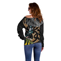 Aotearoa Kowhai Tui Bird Off Shoulder Sweater Maori Ngaru With Silver Fern