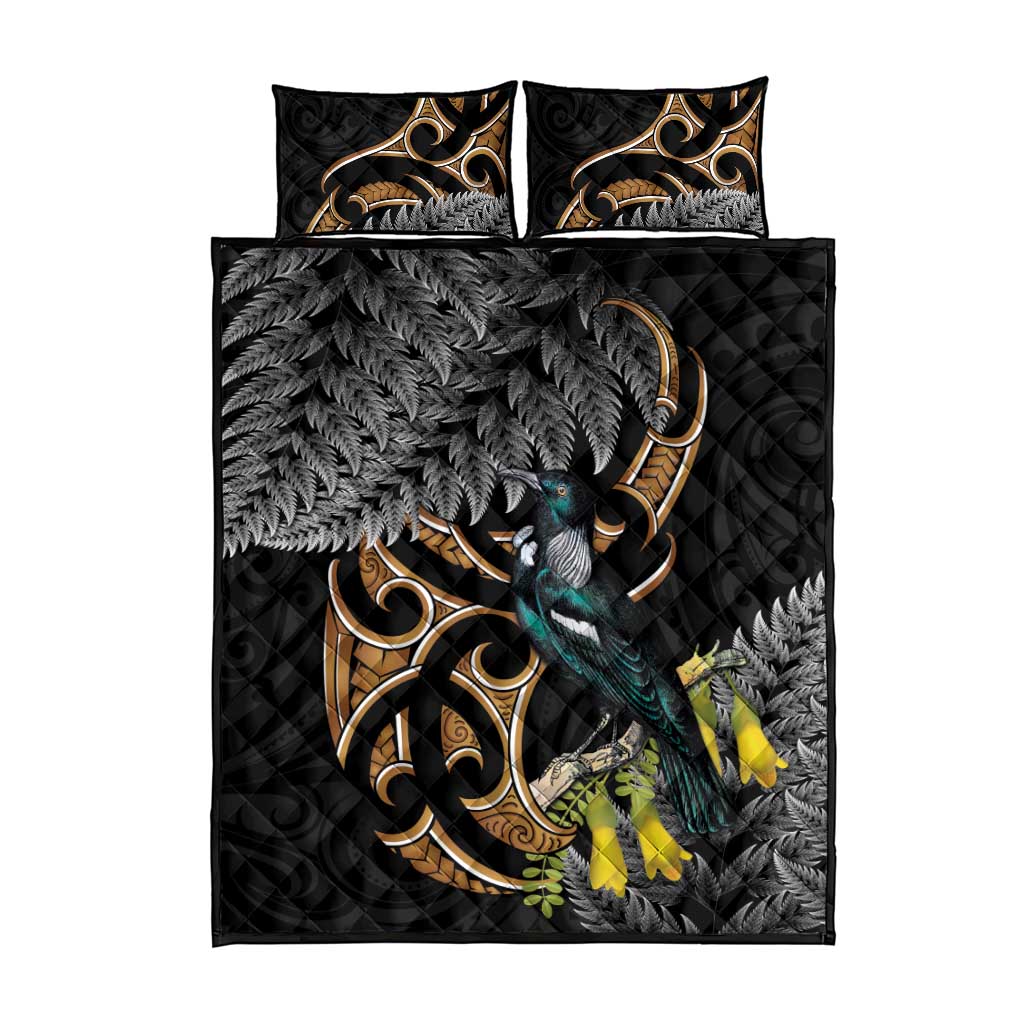 Aotearoa Kowhai Tui Bird Quilt Bed Set Maori Ngaru With Silver Fern LT14 - Polynesian Pride