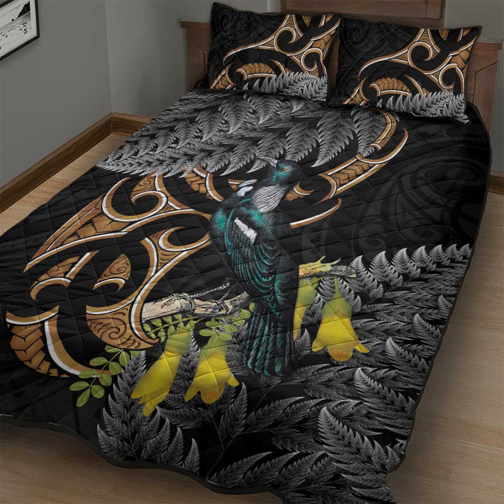 Aotearoa Kowhai Tui Bird Quilt Bed Set Maori Ngaru With Silver Fern LT14 - Polynesian Pride