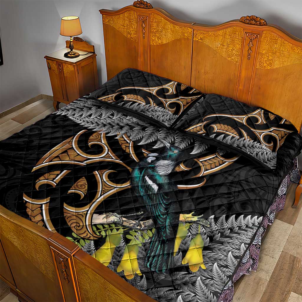 Aotearoa Kowhai Tui Bird Quilt Bed Set Maori Ngaru With Silver Fern LT14 - Polynesian Pride