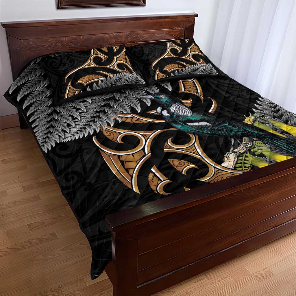 Aotearoa Kowhai Tui Bird Quilt Bed Set Maori Ngaru With Silver Fern LT14 - Polynesian Pride