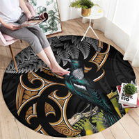 Aotearoa Kowhai Tui Bird Round Carpet Maori Ngaru With Silver Fern