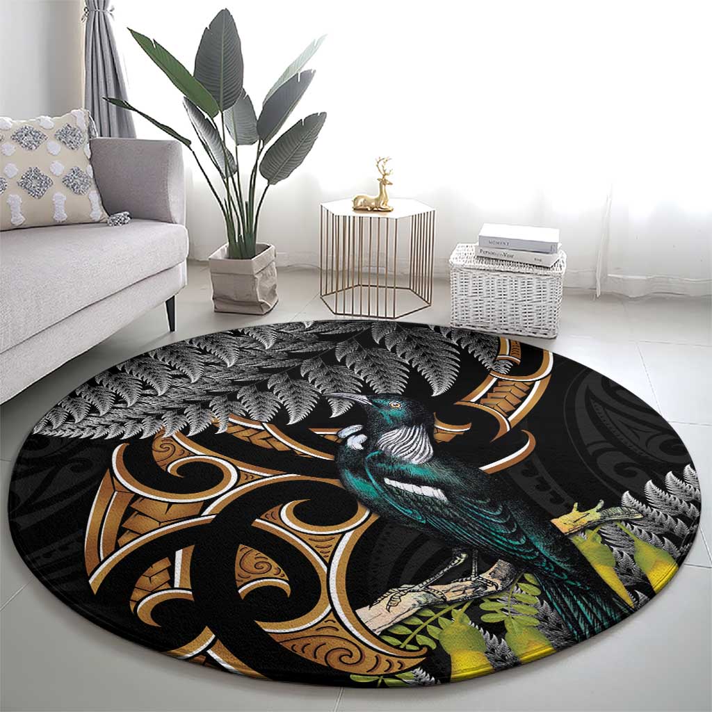 Aotearoa Kowhai Tui Bird Round Carpet Maori Ngaru With Silver Fern