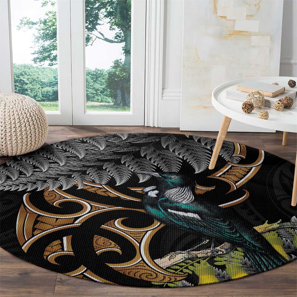 Aotearoa Kowhai Tui Bird Round Carpet Maori Ngaru With Silver Fern