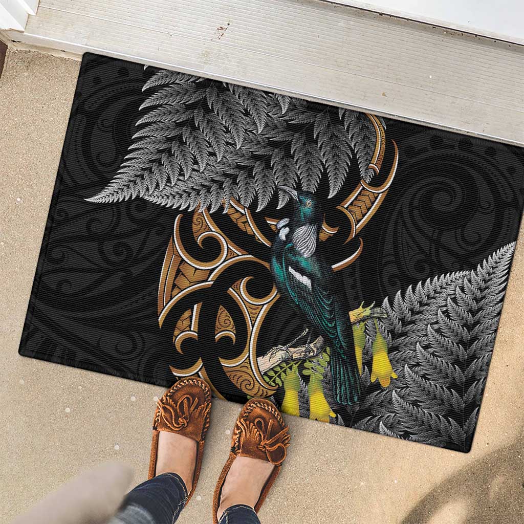 Aotearoa Kowhai Tui Bird Rubber Doormat Maori Ngaru With Silver Fern