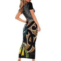 Aotearoa Kowhai Tui Bird Short Sleeve Bodycon Dress Maori Ngaru With Silver Fern
