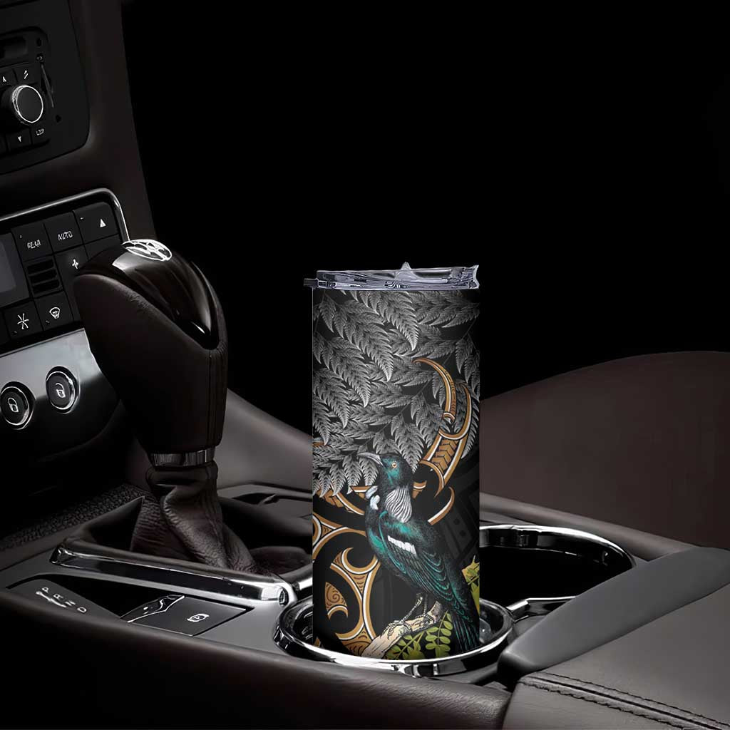 Aotearoa Kowhai Tui Bird Skinny Tumbler Maori Ngaru With Silver Fern
