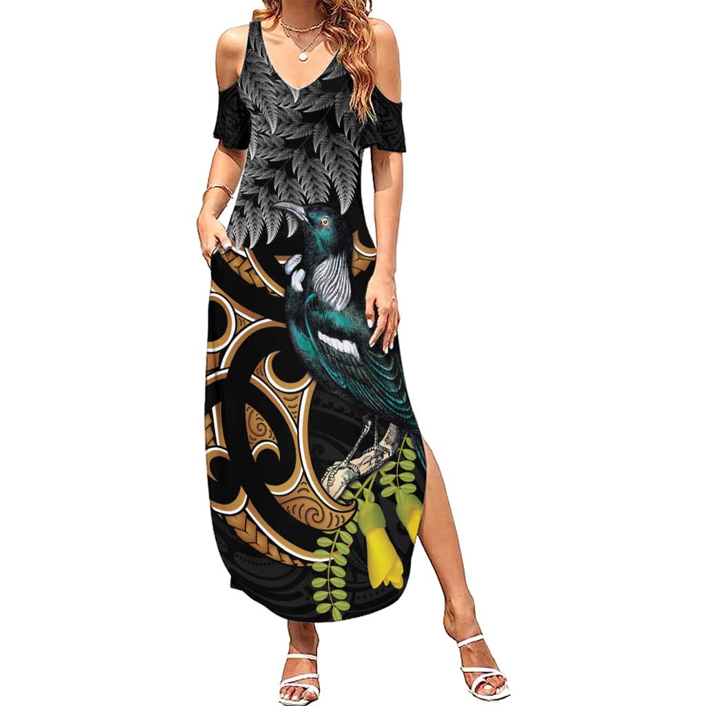 Aotearoa Kowhai Tui Bird Summer Maxi Dress Maori Ngaru With Silver Fern