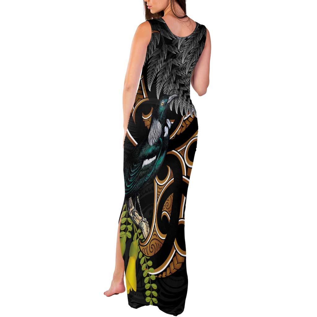 Aotearoa Kowhai Tui Bird Tank Maxi Dress Maori Ngaru With Silver Fern