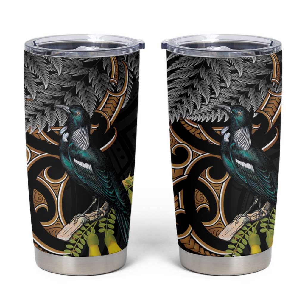 Aotearoa Kowhai Tui Bird Tumbler Cup Maori Ngaru With Silver Fern LT14 Black - Polynesian Pride