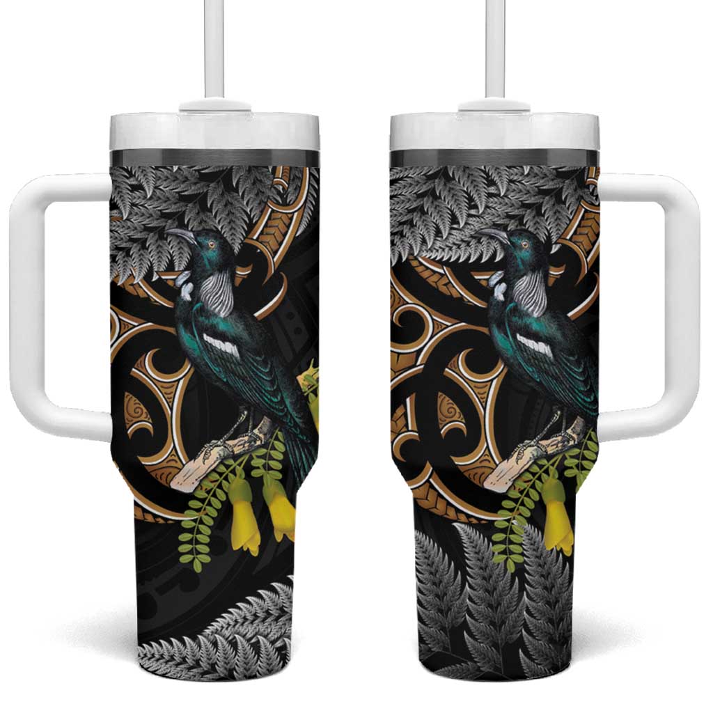 Aotearoa Kowhai Tui Bird Tumbler With Handle Maori Ngaru With Silver Fern LT14 One Size: 40 oz Black - Polynesian Pride