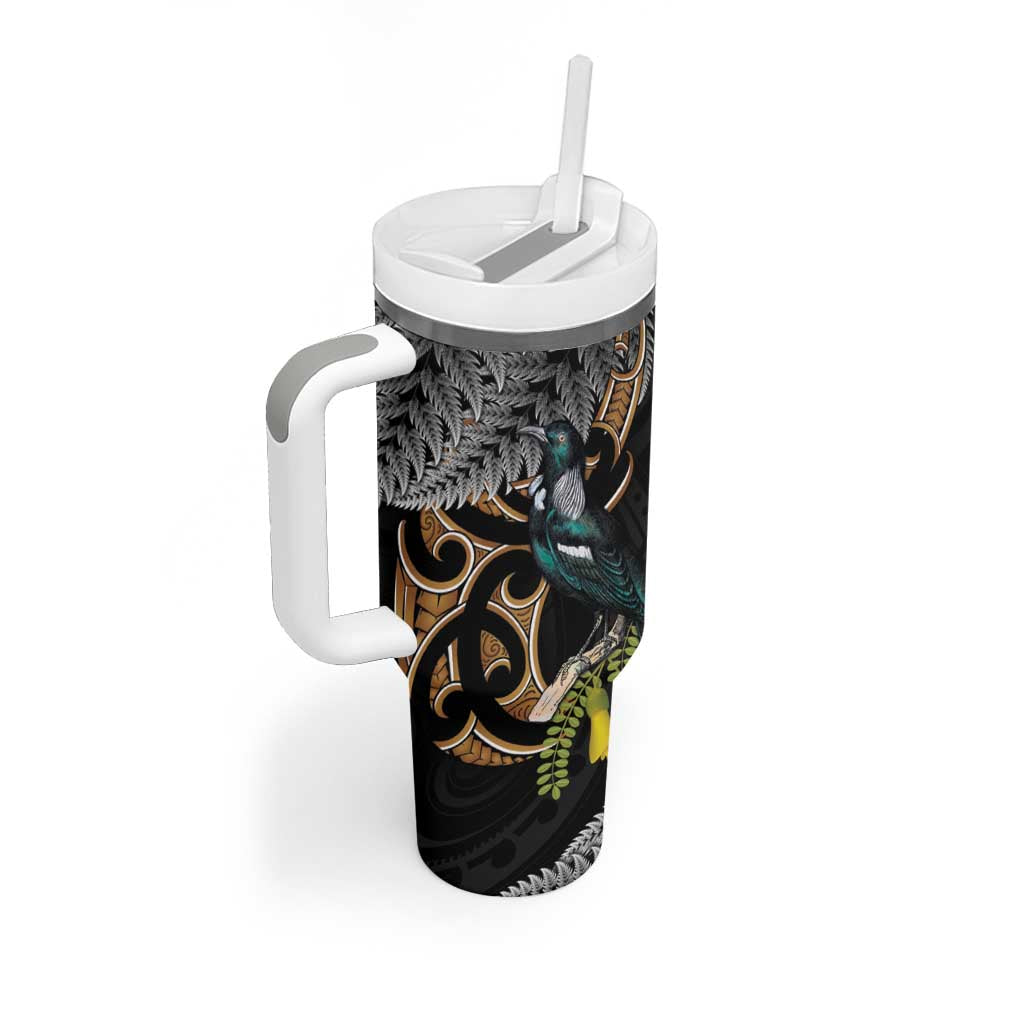 Aotearoa Kowhai Tui Bird Tumbler With Handle Maori Ngaru With Silver Fern LT14 - Polynesian Pride