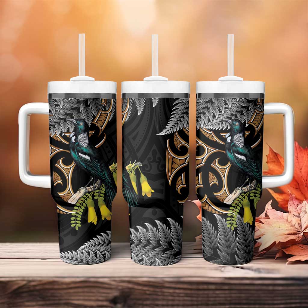 Aotearoa Kowhai Tui Bird Tumbler With Handle Maori Ngaru With Silver Fern LT14 - Polynesian Pride