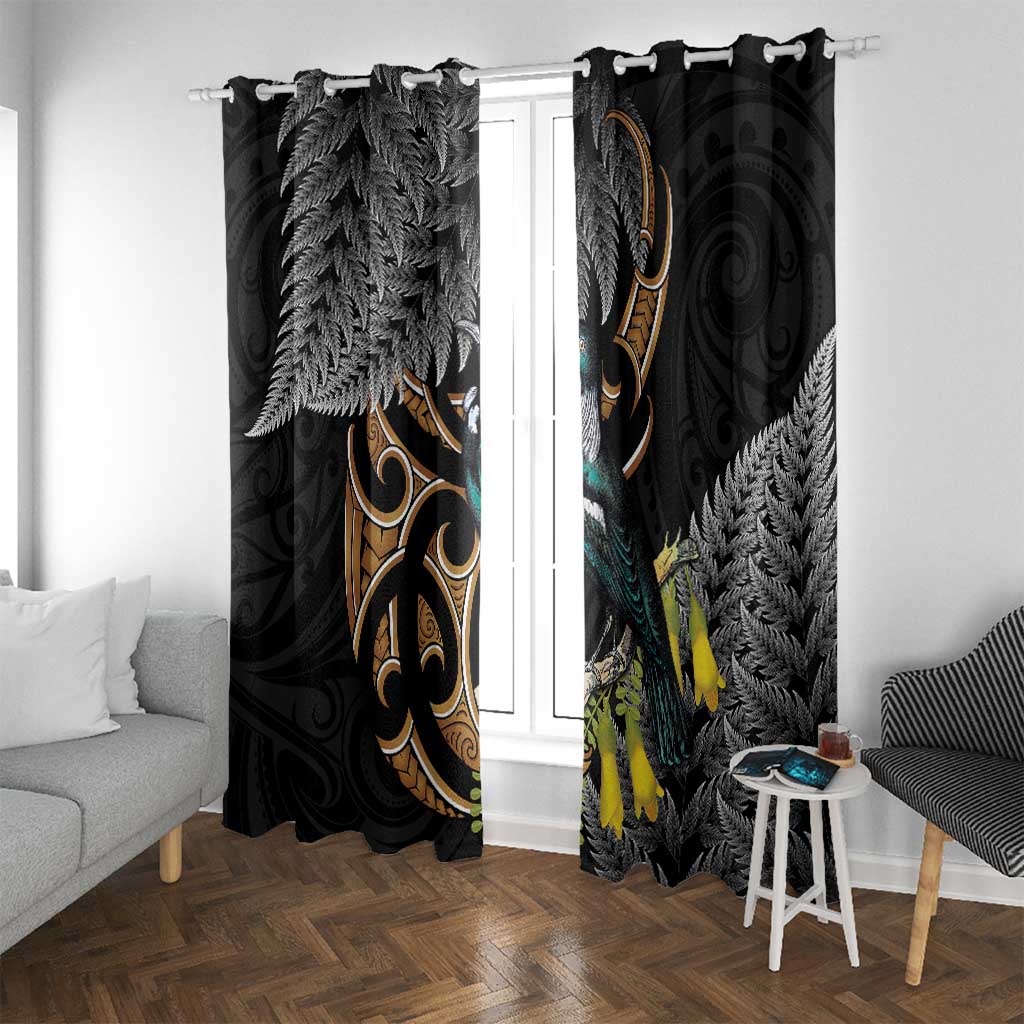 Aotearoa Kowhai Tui Bird Window Curtain Maori Ngaru With Silver Fern LT14 With Grommets Black - Polynesian Pride