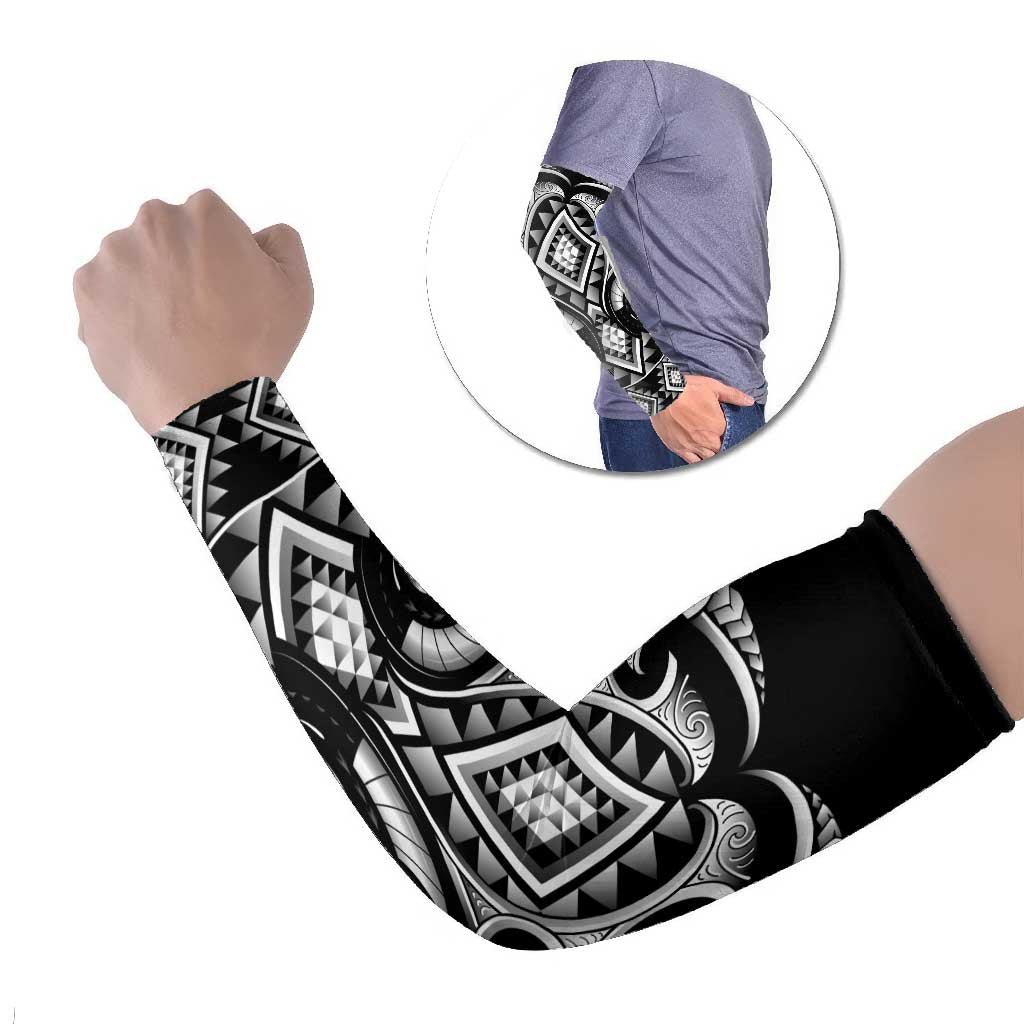 Black Ngaru Taniko With Aotearoa Maori Tattoo Arm Sleeves - Polynesian Pride