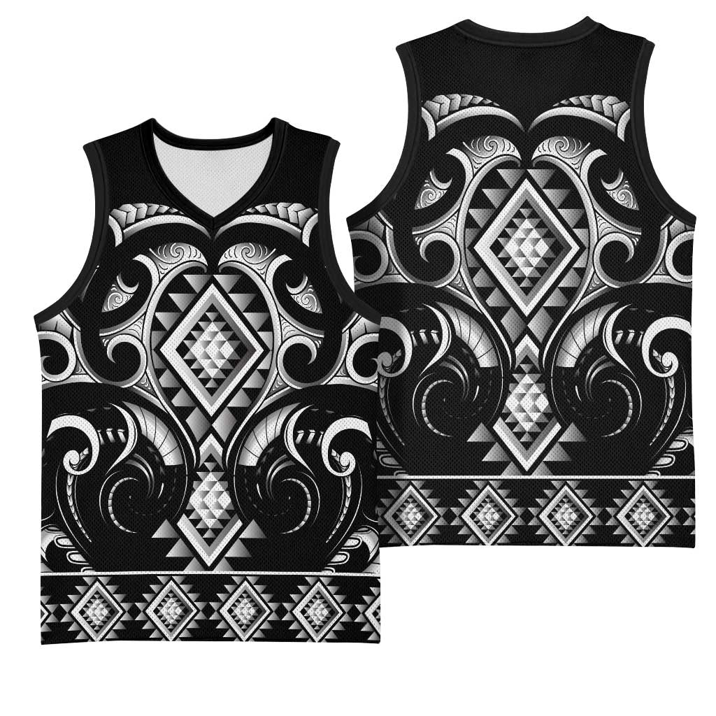 Black Ngaru Taniko With Aotearoa Maori Tattoo Basketball Jersey - Polynesian Pride