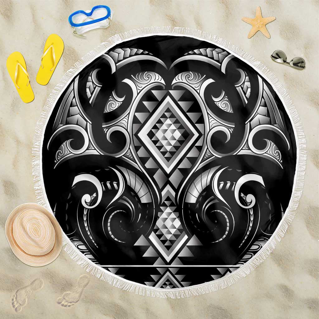 Black Ngaru Taniko With Aotearoa Maori Tattoo Beach Blanket LT14 One Size 150cm Black - Polynesian Pride