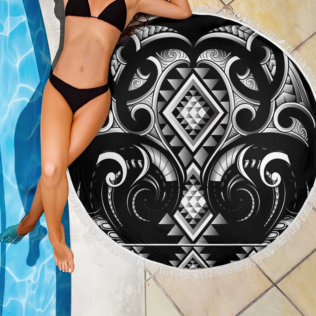 Black Ngaru Taniko With Aotearoa Maori Tattoo Beach Blanket LT14 - Polynesian Pride