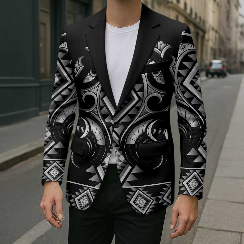 Black Ngaru Taniko With Aotearoa Maori Tattoo Blazer - Polynesian Pride