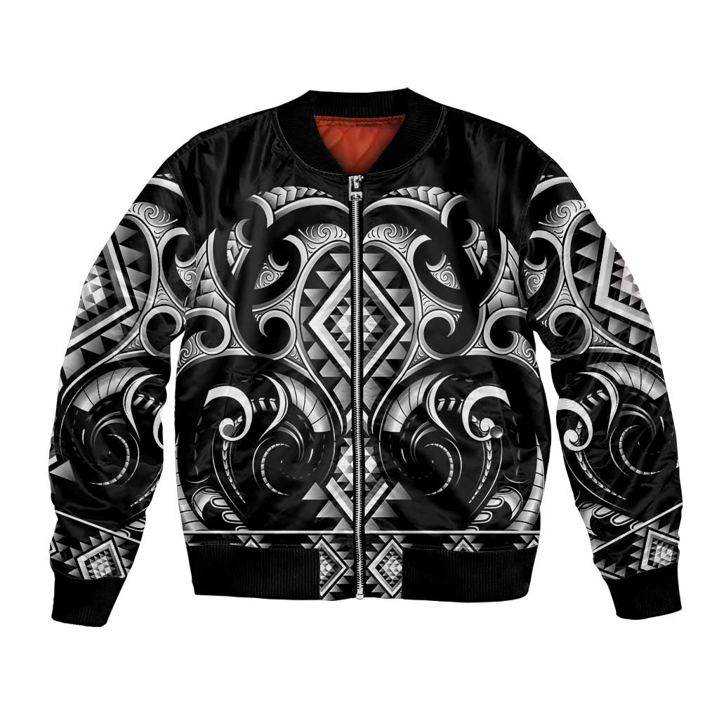 Black Ngaru Taniko With Aotearoa Maori Tattoo Bomber Jacket