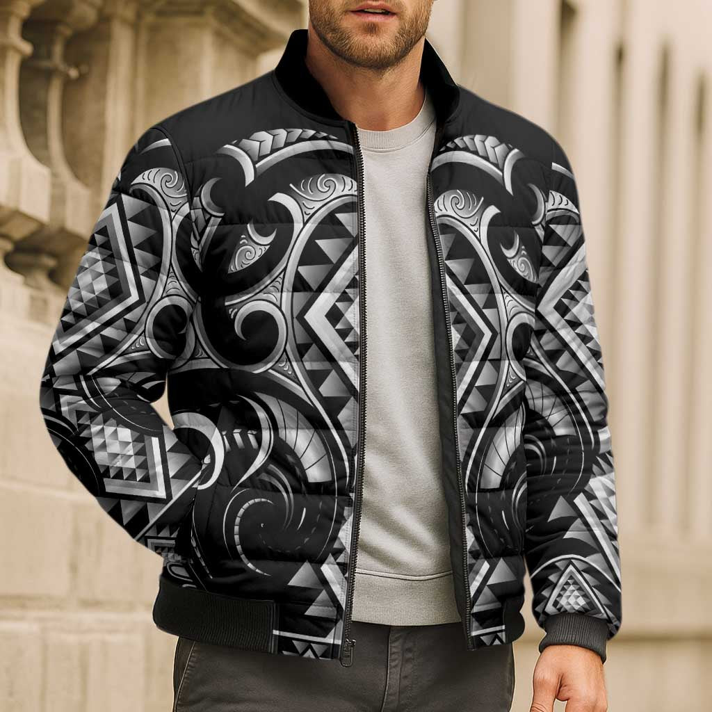 Black Ngaru Taniko With Aotearoa Maori Tattoo Bomber Puffer Jacket - Polynesian Pride