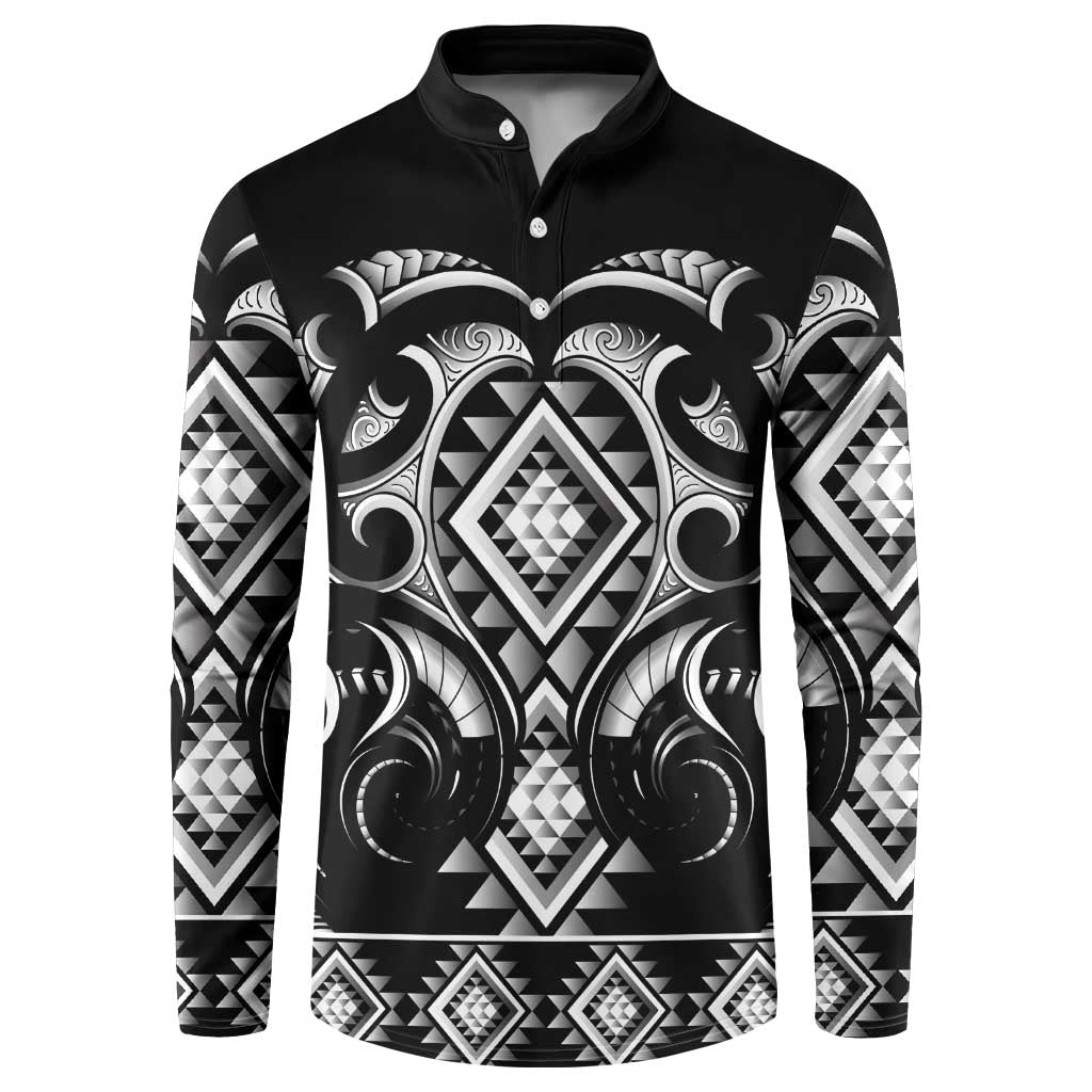 Black Ngaru Taniko With Aotearoa Maori Tattoo Button Sweatshirt