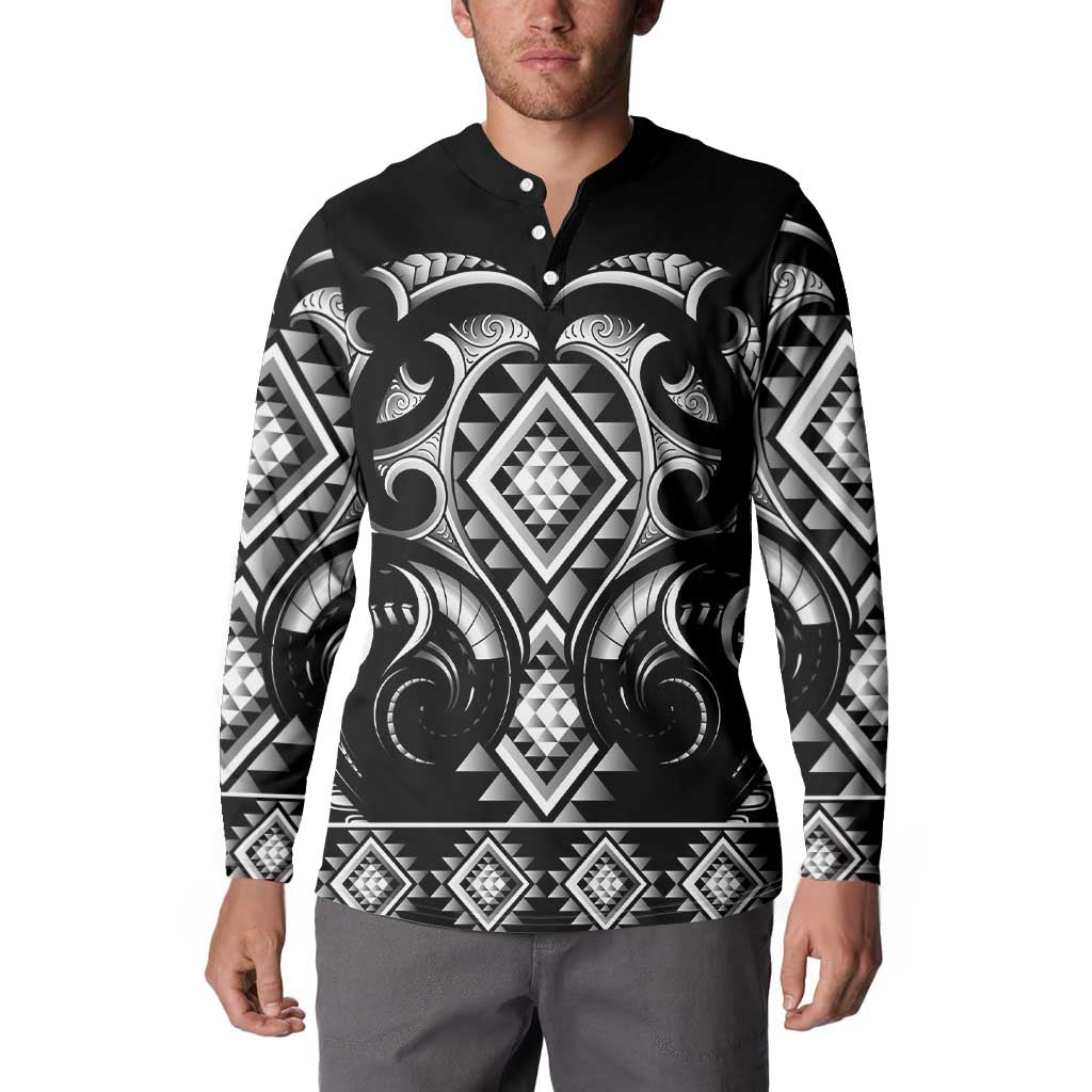 Black Ngaru Taniko With Aotearoa Maori Tattoo Button Sweatshirt
