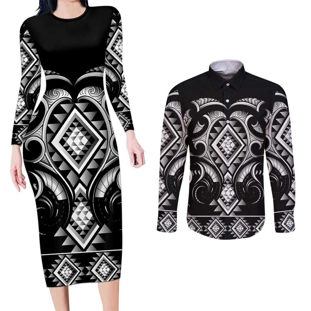 Black Ngaru Taniko With Aotearoa Maori Tattoo Couples Matching Long Sleeve Bodycon Dress and Long Sleeve Button Shirt
