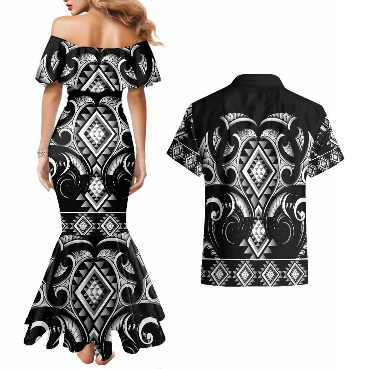 Black Ngaru Taniko With Aotearoa Maori Tattoo Couples Matching Mermaid Dress and Hawaiian Shirt