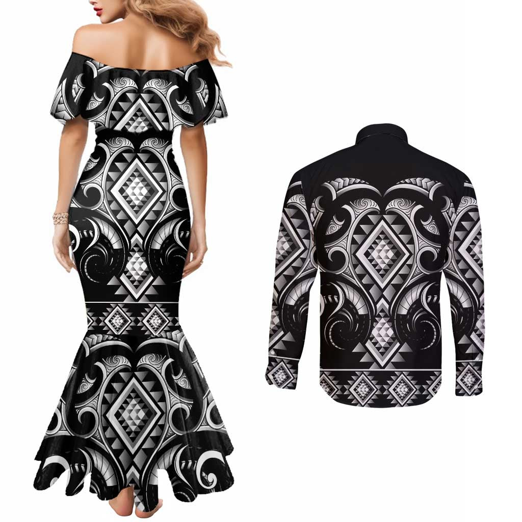 Black Ngaru Taniko With Aotearoa Maori Tattoo Couples Matching Mermaid Dress and Long Sleeve Button Shirt