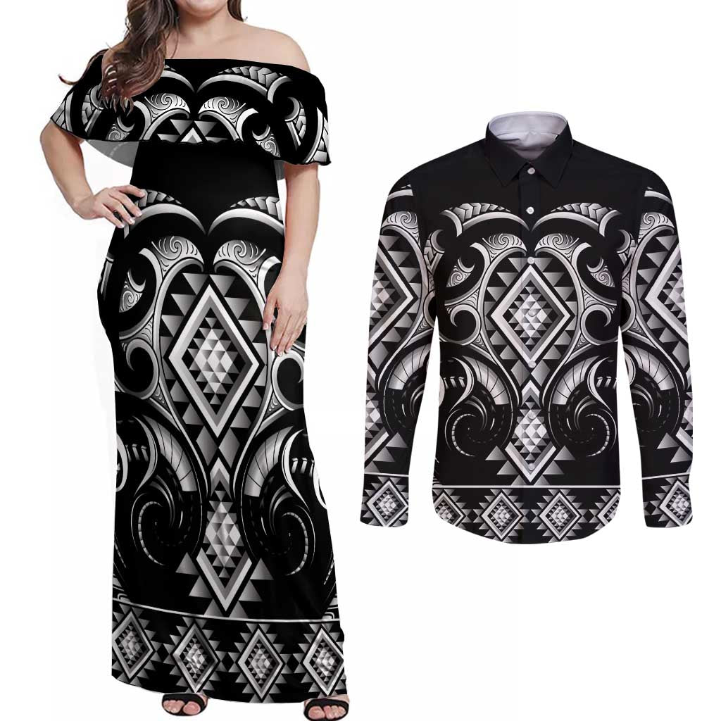 Black Ngaru Taniko With Aotearoa Maori Tattoo Couples Matching Off Shoulder Maxi Dress and Long Sleeve Button Shirt LT14 Black - Polynesian Pride